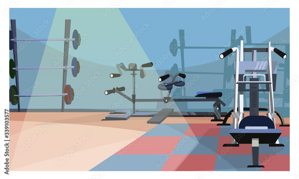 Naklejka premium Gym interior illustration. Workout equipment, fitness club, bars. Sport concept. Can be used for topics like active lifestyle, weight training, bodybuilding