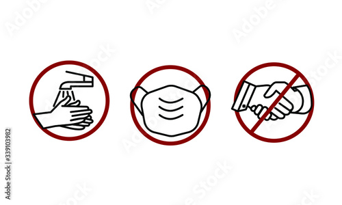 covid-19 three icon set. wash your hands, mast, stop handshake