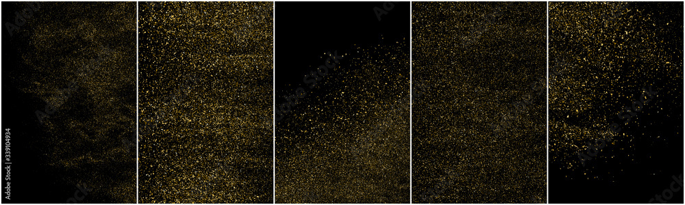 Set of Gold Glitter Texture Isolated on Black Background. Golden stardust. Amber Particles Color. Sparkles Rain. Vector Illustration, Eps 10. - obrazy, fototapety, plakaty 
