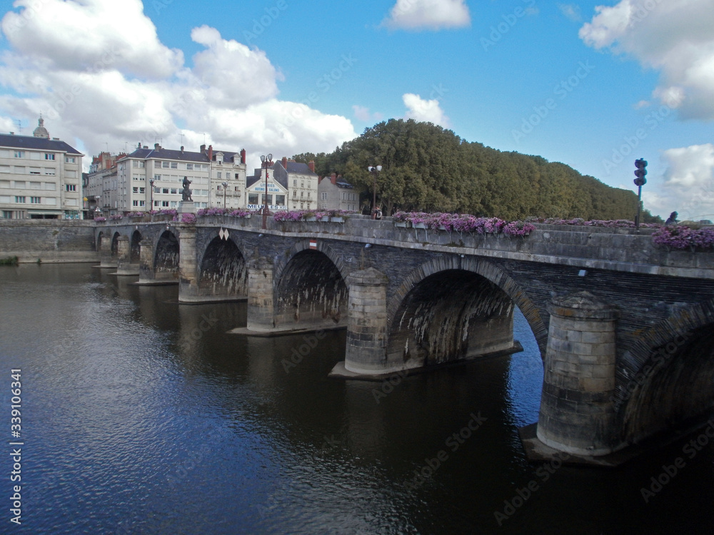 Angers, France - September 15th 2012 : view of the bridge of Verdun, in the city center (Angers is cut in two part by the River la Maine).