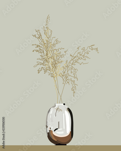 Pampas grass decor. Metal, mirror vase. Dried flowers for interior design. One line botanical graphics.