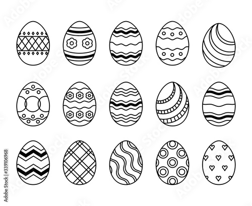 Vector Easter eggs icons set with ornament made from tine lines. Varios patterns on the eggs: wave, flower, diamond, circle, curl, swirl.