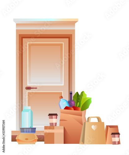 Vector contactless delivery illustration with door, coffee, milk, groceries, box, paper packages with food. Safe delivery of products during COVID-19 quarantine. Flat clipart isolated on white.