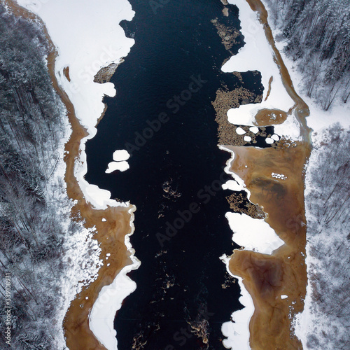 Aerial vAerial view on the big river in winter in Karelia, northwest of Russiaiew on the big river in winter photo