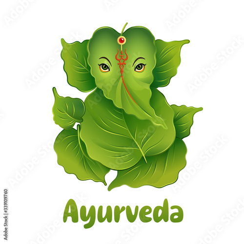 Ayurveda logo in the form of a green elephant from leaves in the Indian style. Vector illustration