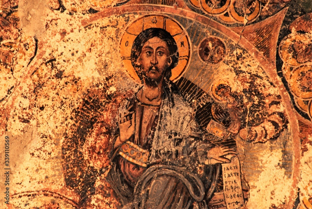 Fresco inside the Byzantine church of Ag. Theodoroi in Kambos Avias village, in the region of Mani in Peloponnese, Greece.