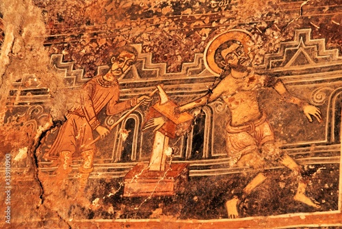 Fresco inside the Byzantine church of Ag. Theodoroi in Kambos Avias village, in the region of Mani in Peloponnese, Greece. photo