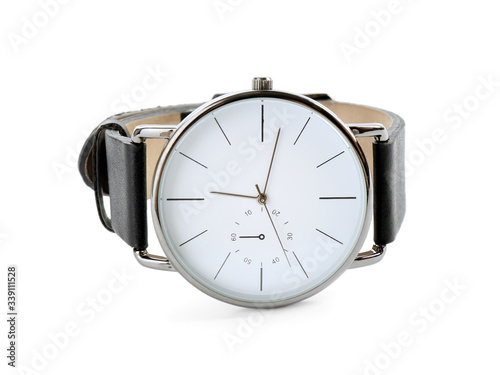 Elegant wristwatch with leather band isolated on white