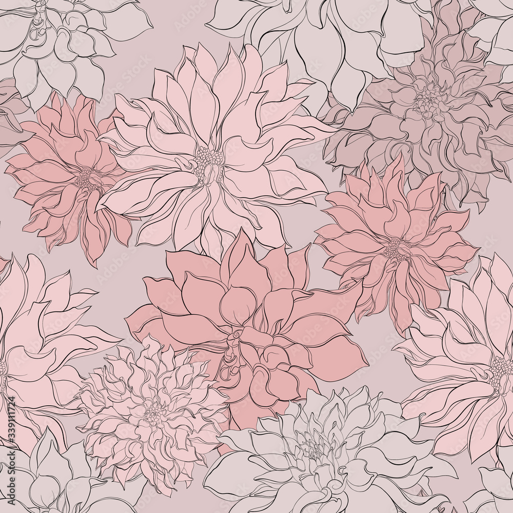 Vintage Floral seamlesson pink background with blooming dahlias. Vector floral illustration on black background.