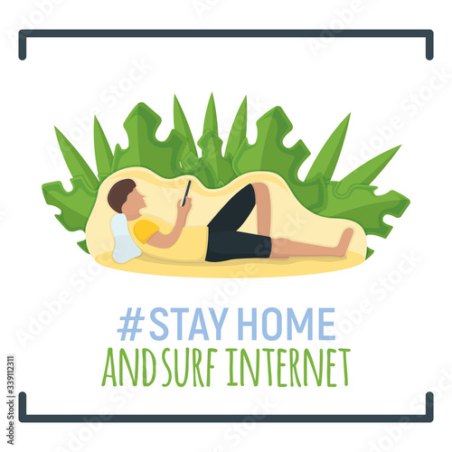 Man lie floor with gadget tablet in arms, concept stay home, male character rest, relax. Isolated on white, flat vector illustration.