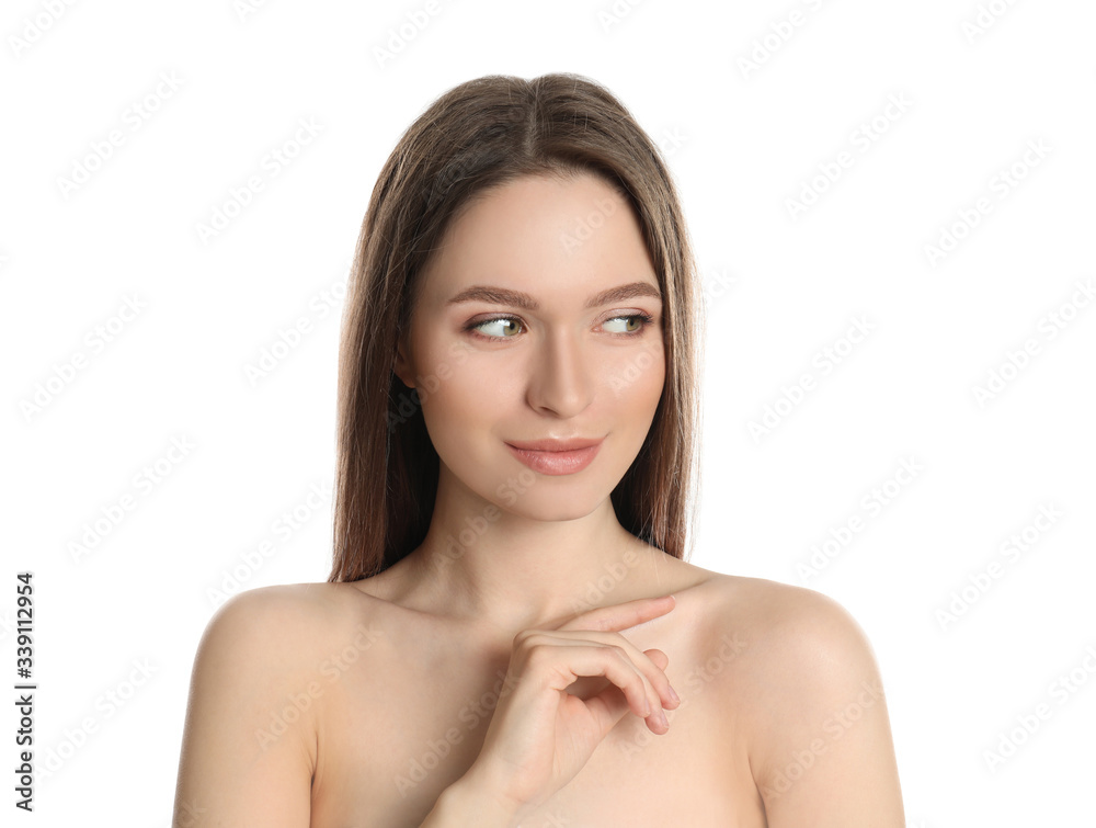 Portrait of young woman with beautiful face on white background Portrait of young woman with beautiful face on white background