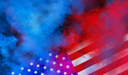 flag USA background design for independence, veterans, labor, memorial day. colorful smoke on black background
