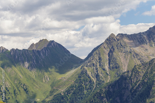 The mountainous landscape of the Dolomites in northern Italy. Registered as a UNESCO World Heritage Site the Dolomites are famous for their beautiful mountain scenes.