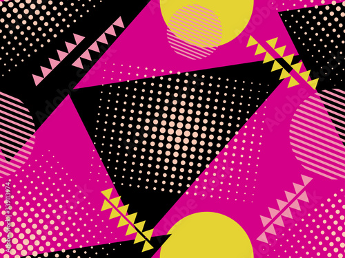Memphis seamless pattern with geometric shapes in the style of the 80s. Eighties print colorful background for promotional products, wrapping paper and printing. Vector illustration