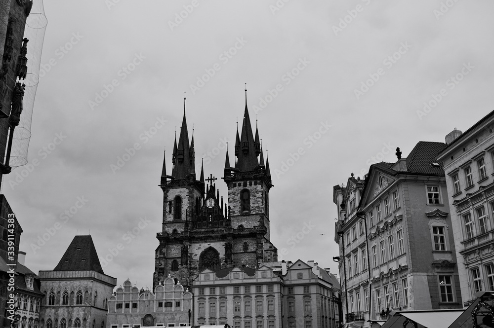 Prague, Czech Republic - 27 December 2019: The Church of Saint Mary of Tyn in the Old Town Square