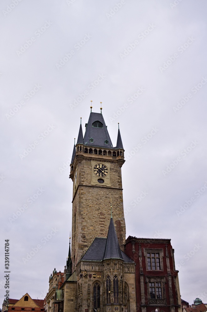 Prague, Czech Republic - 27 December 2019: the Old Town Hall Tower above the Astronomical Clock