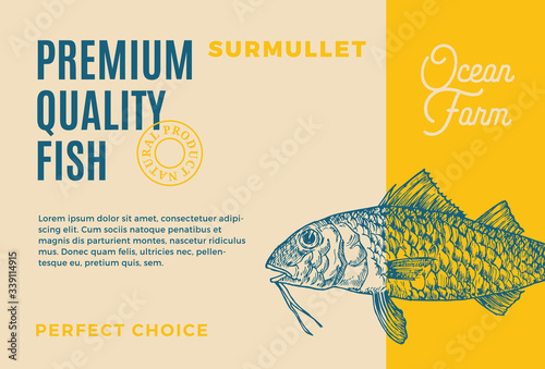 Premium Quality Surmullet. Abstract Vector Food Packaging Design or Label. Modern Typography and Hand Drawn Fish Sketch Silhouette Background Layout