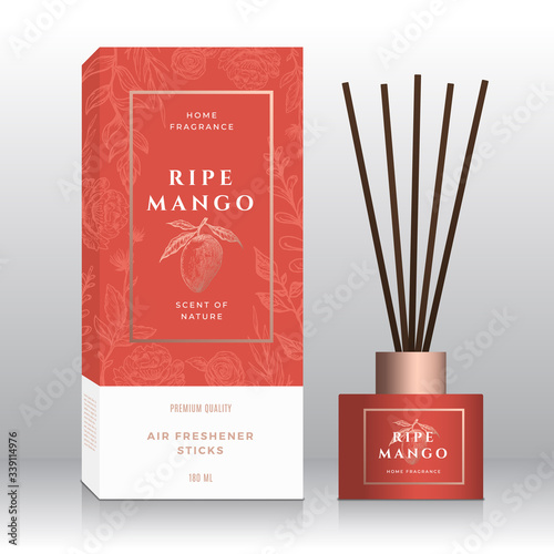 Ripe Mango Home Fragrance Sticks Abstract Vector Label Box Template. Hand Drawn Sketch Flowers, Leaves Background. Retro Typography. Room Perfume Packaging Design Layout. Realistic Mockup.