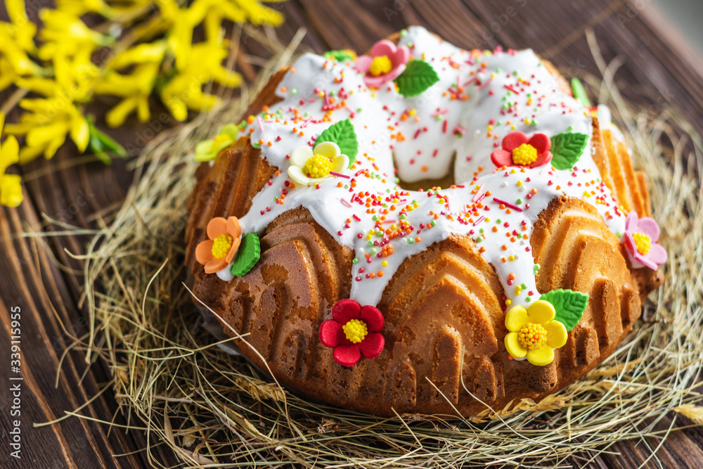 Easter cake. Kulich cake on a rustic background. Cake for celebration. Easter concept