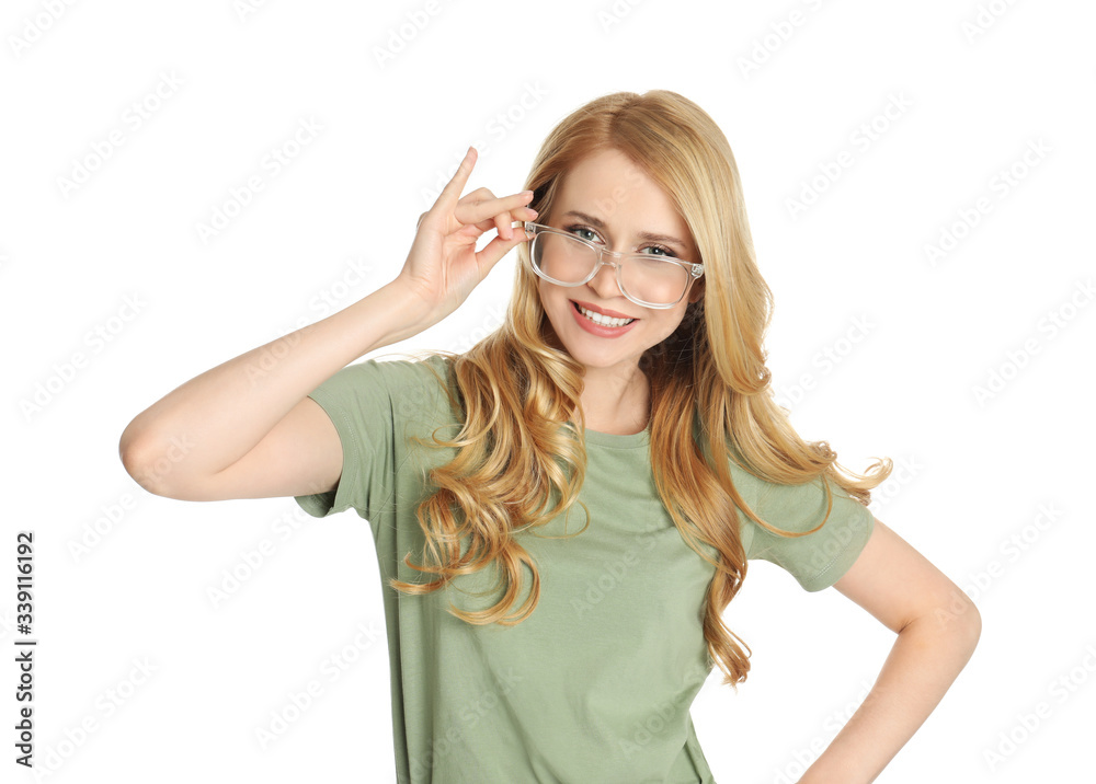 Portrait of beautiful young woman with dyed long hair on white background Portrait of beautiful young woman with dyed long hair on white background