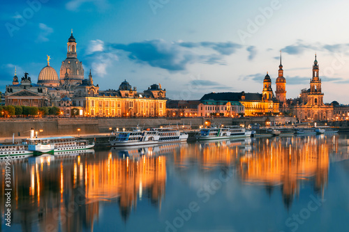 Dresden city skyline at Elbe river and Augustus bridge at sunset  Dresden  Saxony  Germany