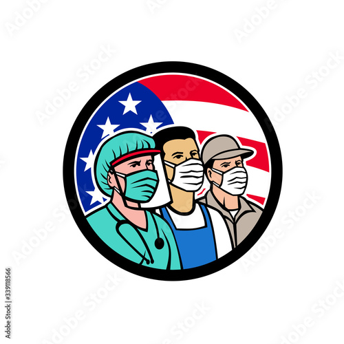Mascot icon illustration of American nurse, doctor, grocery, pharmacist, EMT, delivery, trucker, food, front line, hospice worker wearing mask with USA stars and stripes flag in circle in retro style.