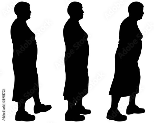 Vector illustration of an elderly woman walking.  Set of three black silhouettes isolated on a white background. Granny on a walk, step by step. Line of senior women, grandmothers. Shadows of people.
