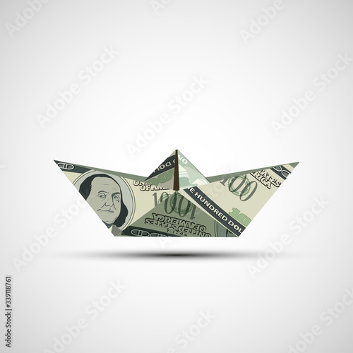 Paper boat made from dollar currency. Vector icon.