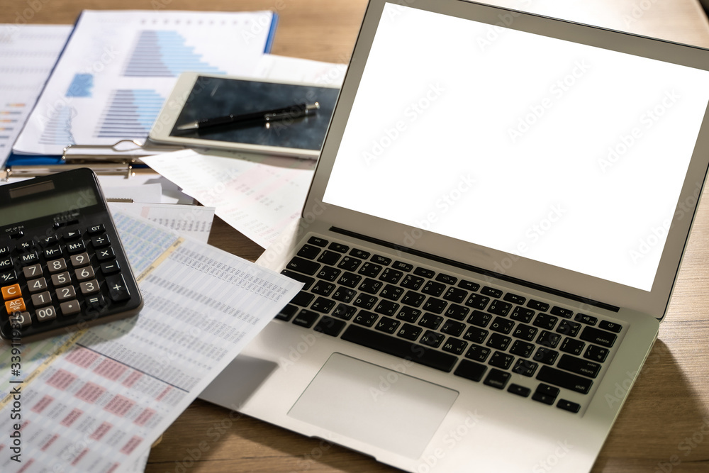 Laptop with blank screen on table. Workspace background new project on laptop computer with blank copy space screen for your advertising text message Laptop with blank screen on table. Workspace background new project on laptop computer with blank copy space screen for your advertising text message