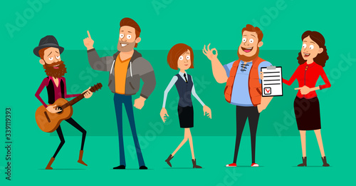 Cartoon flat funny boy and girl characters. Hipster with guitar, sportsman, office manager and teacher with to do list. Isolated on green background. Vector icon set.