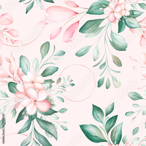 Fototapeta Naklejka Na Ścianę i Meble -  Seamless pattern of soft watercolor flowers arrangements with geometric glitter on pastel background for fashion, print, textile, fabric, and card background