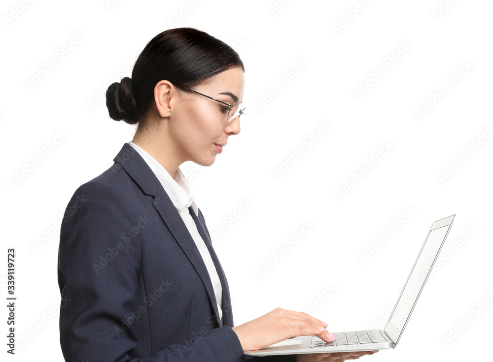 Young businesswoman with laptop on white background Young businesswoman with laptop on white background