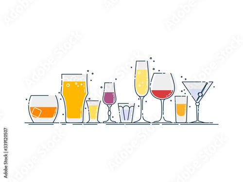 Collection glassware alcoholic drinks. Alcohol glass stand in row. Illustration isolated. Flat design style with color fill. Beer champagne wine whiskey liquor vodka martini whiskey rum tequila