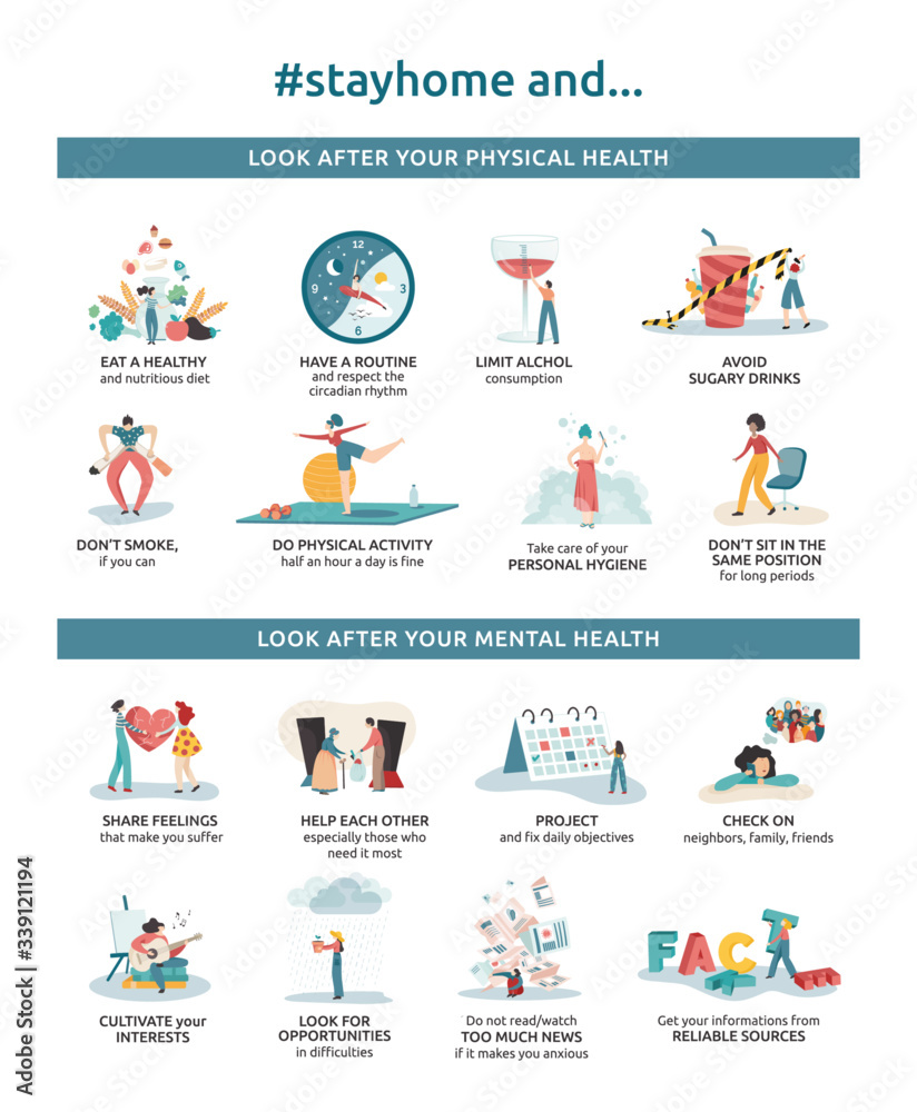 Vectorial infographics of tips to stay home safe and healthy, with good habits, routine and solidarity. Poster of advices for physical and mental health in quarantine due to coronavirus.