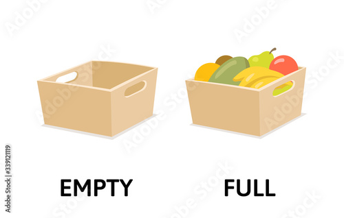 Words full and empty opposites flashcard with box, fruits, and veggies. Opposite adjectives explanation card. Flat vector illustration, isolated on white background. photo