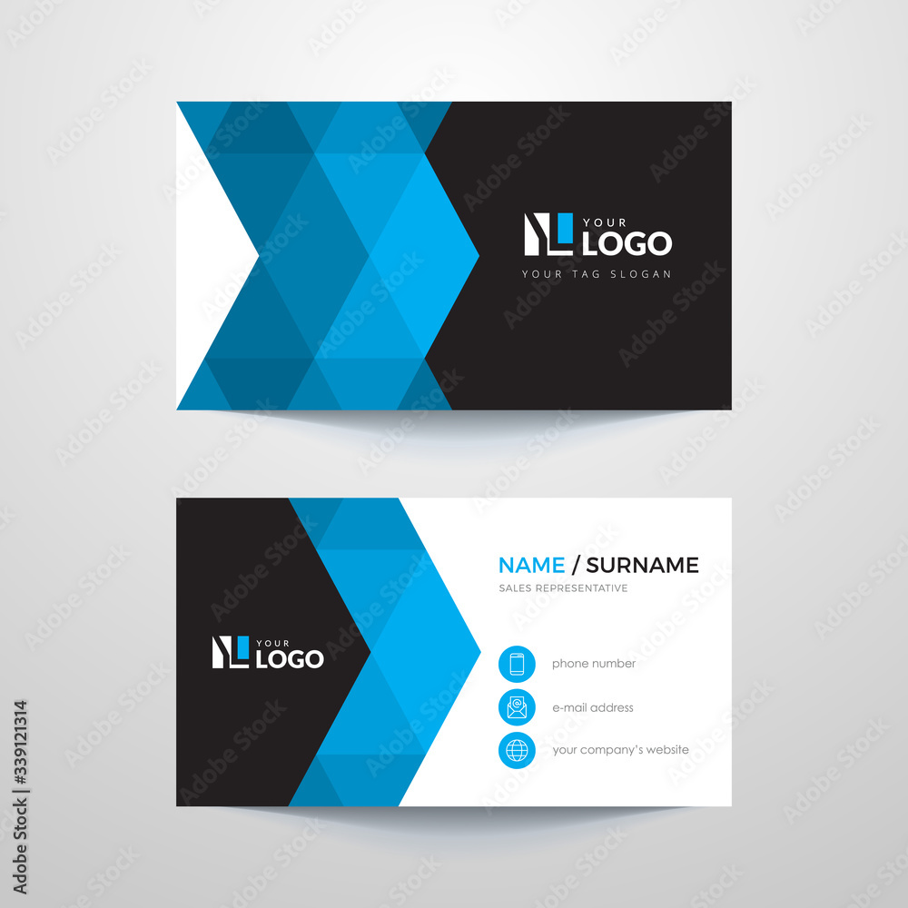 Business card layout with blue elements. Business card layout with blue elements.