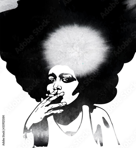 Woman's silhouette with afro hairstyle smoking joint with marijhuana leaf. Vector image