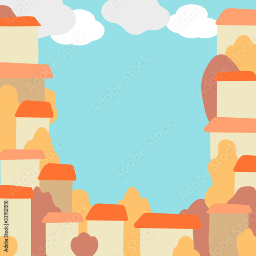 Vector city . A hand-drawn building. Frame for greeting cards, posters, advertising. Houses and trees, minimalism. Space for your text photo