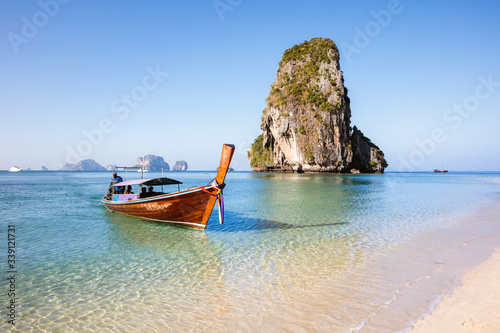 Thai long tail boat near the beach, Railay, Thailand photo