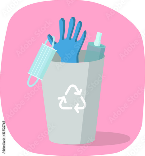 Vector illustration with trash , medical mask, gloves and disinfecting spray. Concept end of the quarantine, life after coronavirus, covid-19. 