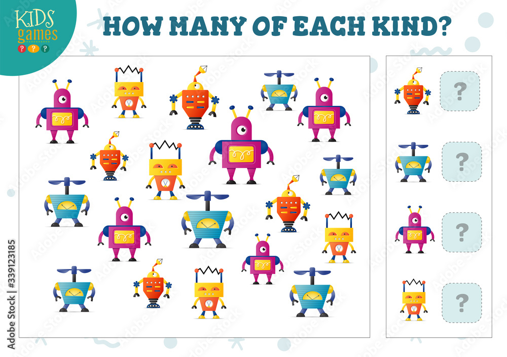 How many of each kind cartoon robot counting game for kids vector illustration