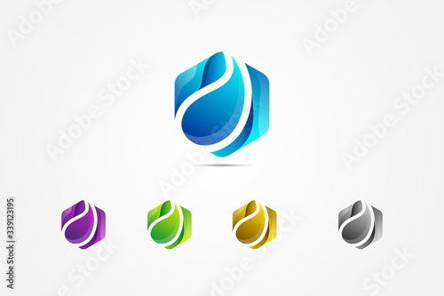 Hexagon Fresh Water Drop Simple Logo Template . Liquid brand design use blue, green, gold and grey gradient. 