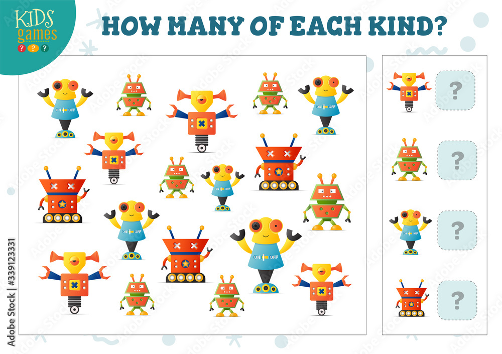 How many of each kind cartoon robot kids counting game vector illustration