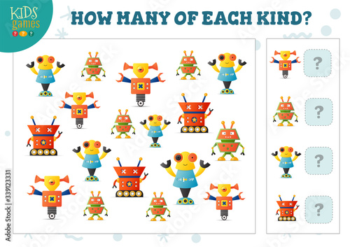 How many of each kind cartoon robot kids counting game vector illustration