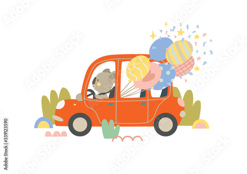 Koala rides in a car with festive balloons. Vector illustration. Excellent for for kids  design of postcards  posters  stickers and so on.
