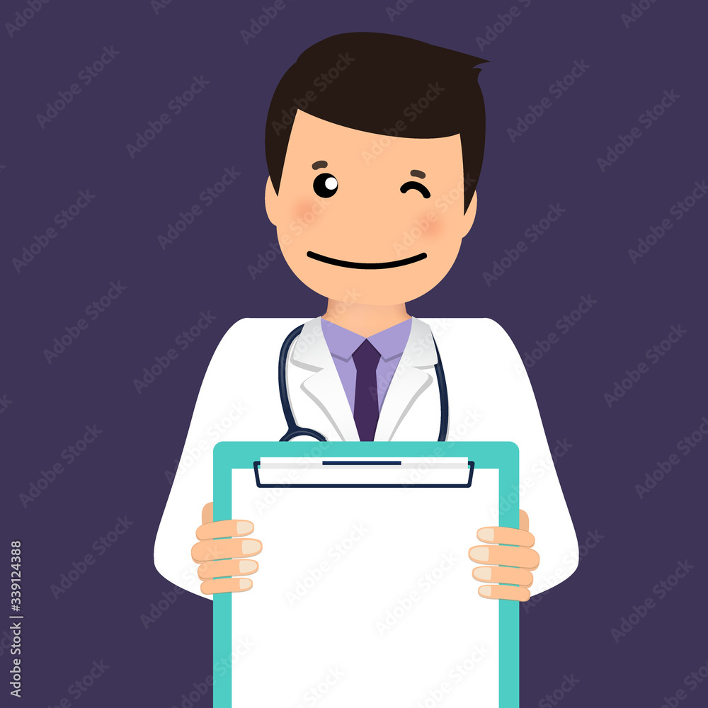 Doctor holding medical clipboard, vector illustration. Concept healthcare. Medical background.