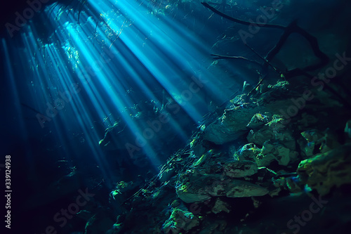 underwater landscape mexico, cenotes diving rays of light under water, cave diving background