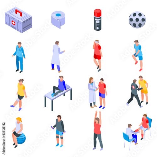 Sports doctor icons set. Isometric set of sports doctor vector icons for web design isolated on white background