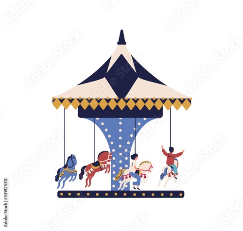 Happy cartoon children ride on carousel horse isolated on white background