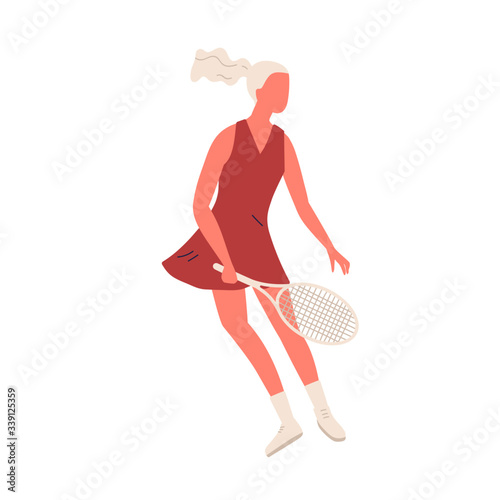 Cartoon sportswoman hold racket playing big tennis isolated on white background